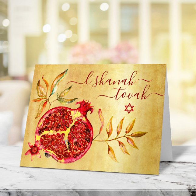Rosh Hashanah Red Pomegranate Watercolor on Gold Card (Creator Uploaded)