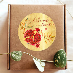 Rosh Hashanah Red Pomegranate Watercolor on Gold Classic Round Sticker