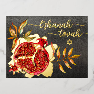 Rosh Hashanah Red Pomegranate Watercolor Real Gold Foil Holiday Postcard