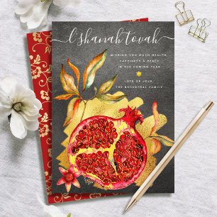 Rosh Hashanah Red Watercolor Pomegranate Gold Grey Holiday Card