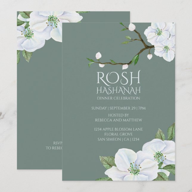 Rosh Hashanah White Apple Blossom Invitation (Front/Back)