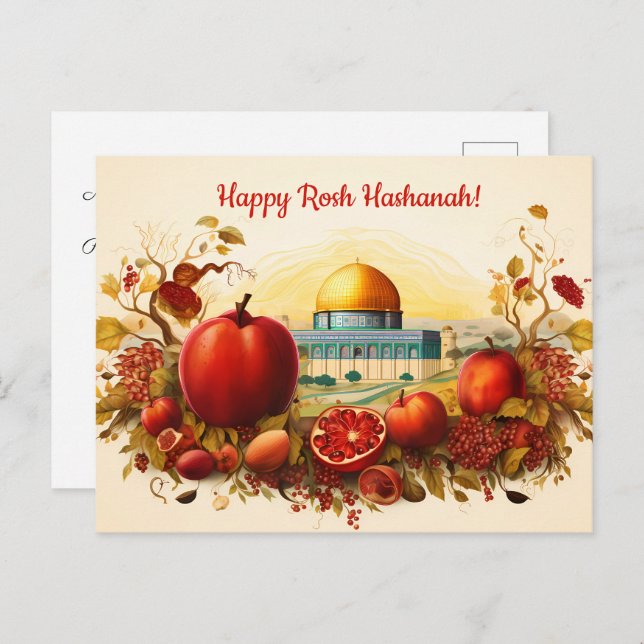 ✡️ Rosh Hashanah with Dome of Rock & apple Postcard (Front/Back)