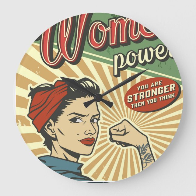 Rosie Riveter, Woman Power Retro Design Large Clock (Front)