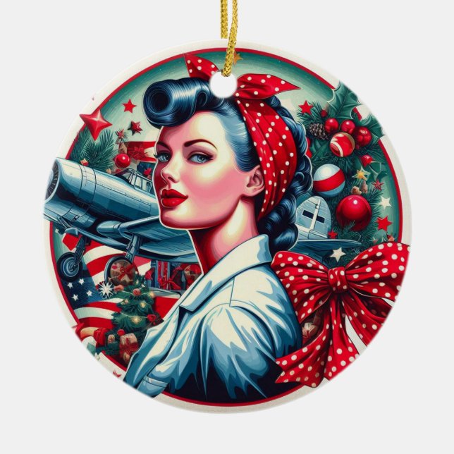 Rosie the Riveter Pin-up Girl Christmas Ornament (Front)