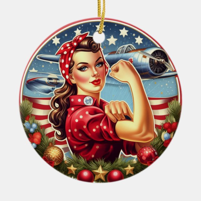 Rosie the Riveter Pin-up Girl Christmas Ornament (Front)