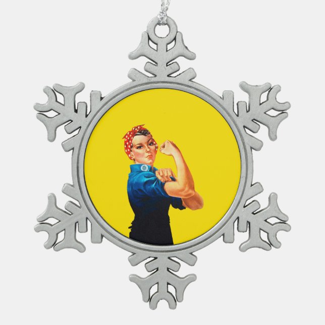 Rosie The Riveter Retro Design Style Snowflake Pewter Christmas Ornament (Front)