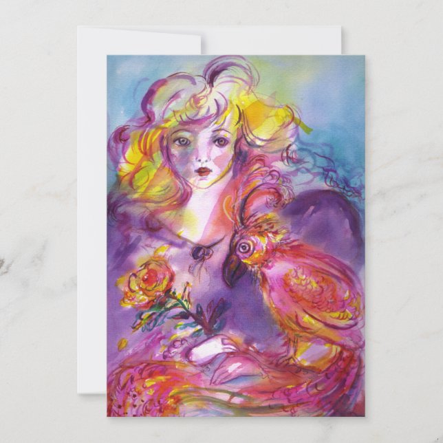 ROSINA / LADY WITH ROSE AND PARROT Pink Blue Invitation (Front)