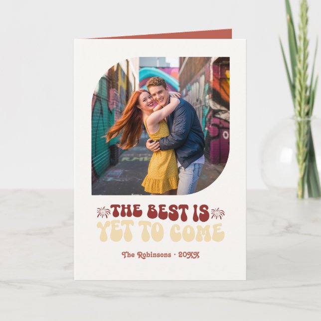 Rosso & Cream Champagne Retro New Year Photo Holiday Card (Front)