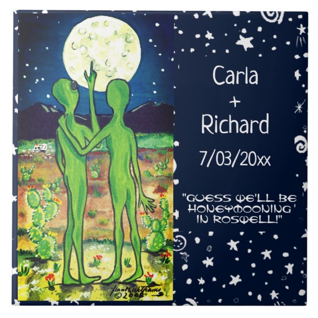 Roswell Alien Wedding Anniversary UFO Funny Custom Ceramic Tile (Front)