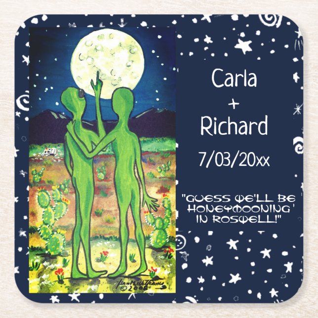 Roswell Alien Wedding Anniversary UFO Funny Custom Square Paper Coaster (Front)