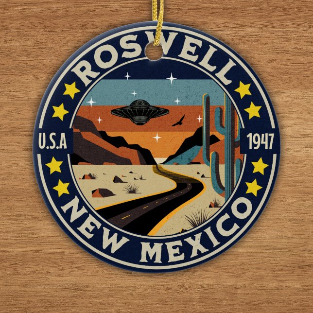 Roswell New Mexico Retro UFO Terrain Ceramic Ornament (Creator Uploaded)