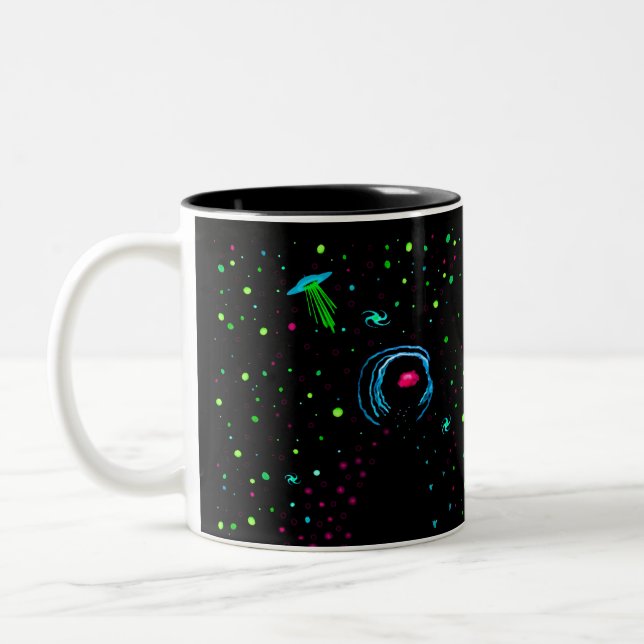Roswell Spacewalk Wormhole - Teal UFO with TEXT  / Two-Tone Coffee Mug (Left)