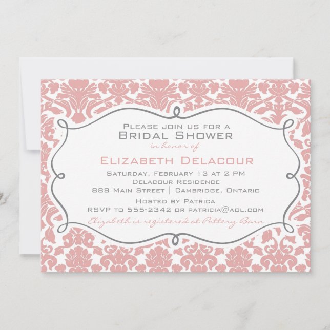 Rosy Brown Damask Pattern Bridal Shower Invitation (Front)