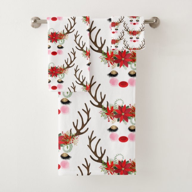 Rosy Cheeks Gold Eyes Floral Reindeer Holiday Bath Towel Set (Insitu)