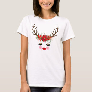 Rosy Cheeks Gold Eyes Floral Reindeer Holiday  T-Shirt