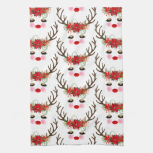 Rosy Cheeks Gold Eyes Floral Reindeer Holiday Tea Towel