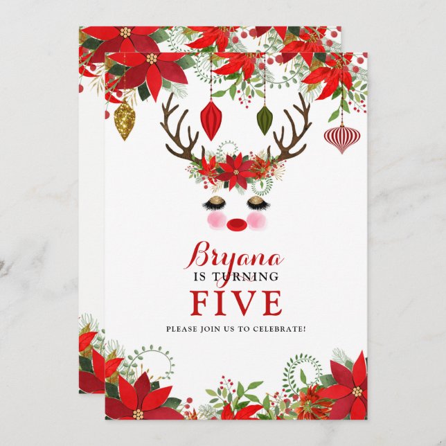 Rosy Cheeks Gold Eyes Reindeer BIRTHDAY PARTY Invitation (Front/Back)