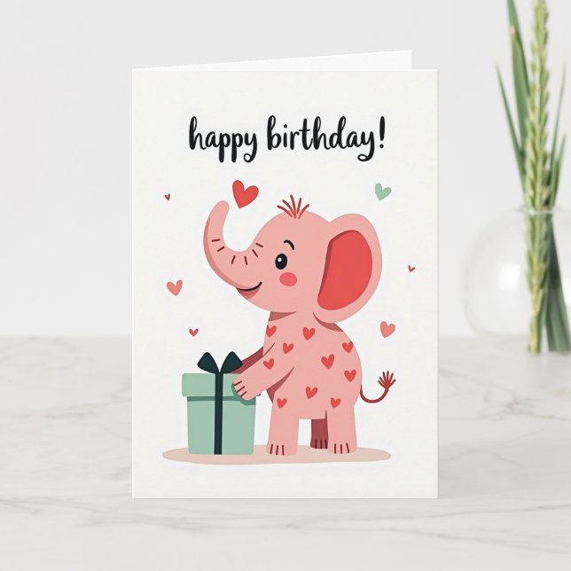 Rosy Elephant Gift Birthday Card (Front)