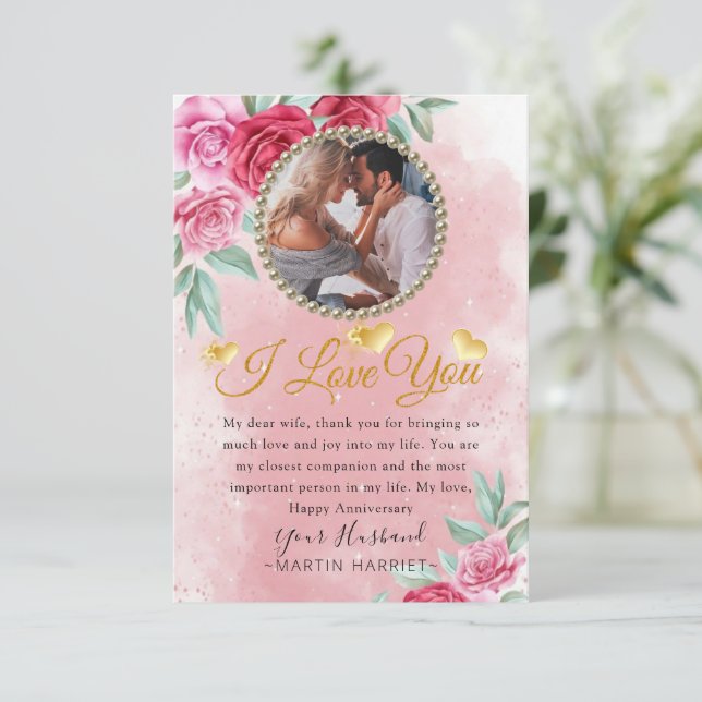 Rosy Floral Photo Wife Anniversary Card (Standing Front)