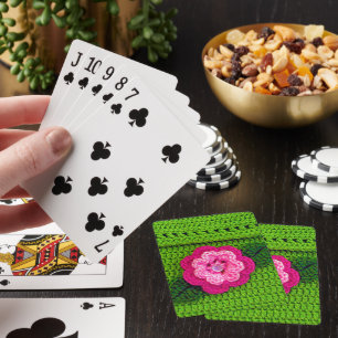 Rosy Hot Pink Flower Cool Spring Green Crochet Playing Cards