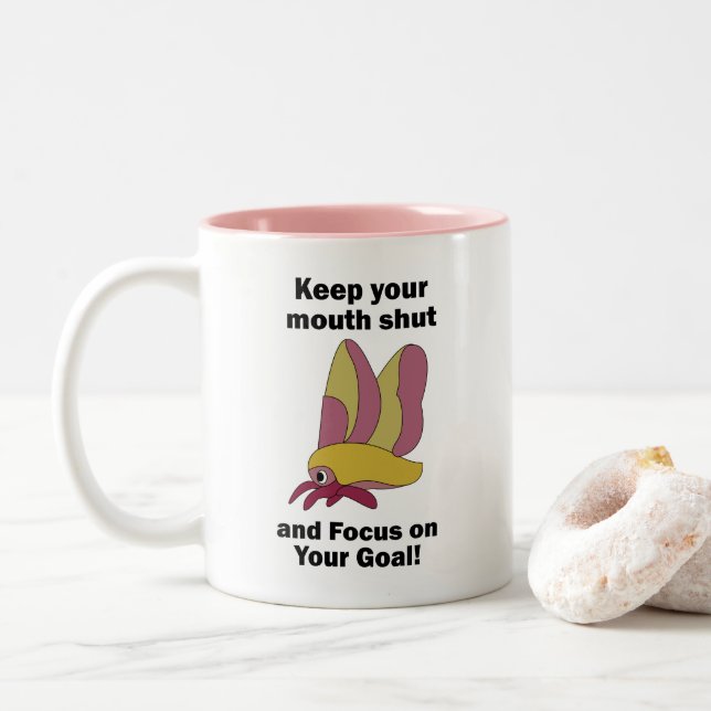 Rosy Maple Moth Keeping Mouth Shut Focus On Goals Two-Tone Coffee Mug (With Donut)