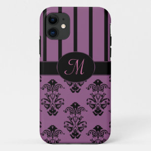 Rosy Pink & Black Baroque Stripes Monogram iPhone 11 Case