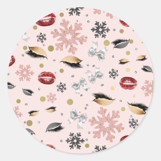 Rosy Pink Girly Beauty Makeup Holiday Christmas Classic Round Sticker (Front)