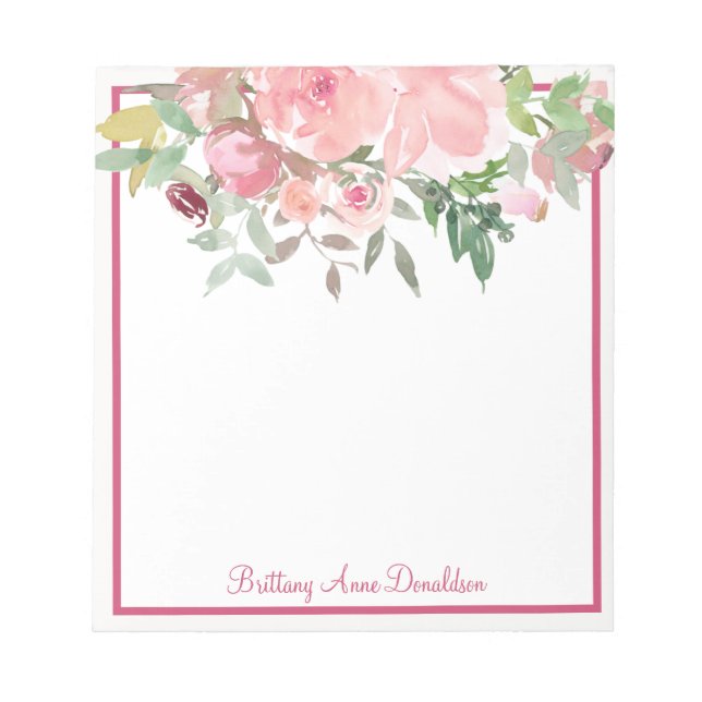 Rosy pink Watercolor Floral Name Personalise Notepad (Front)