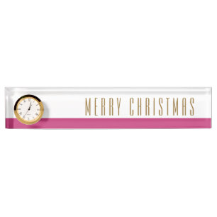 Rosy Pink White Stripes MERRY CHRISTMAS Text Clock Nameplate
