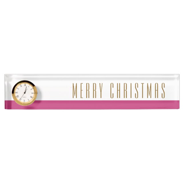 Rosy Pink White Stripes MERRY CHRISTMAS Text Clock Nameplate (Front)
