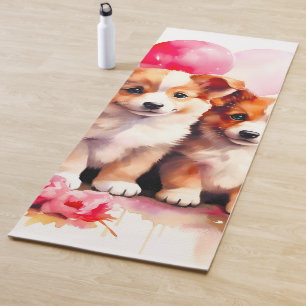 Rosy Puppy Love Watercolor Yoga Mat