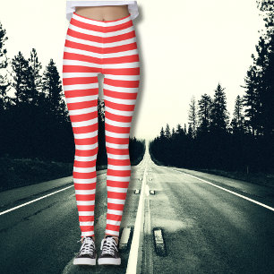 Rosy Red and White Simple Horizontal Striped Leggings