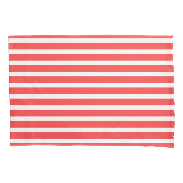 Rosy Red and White Simple Horizontal Striped Pillowcase (Front)