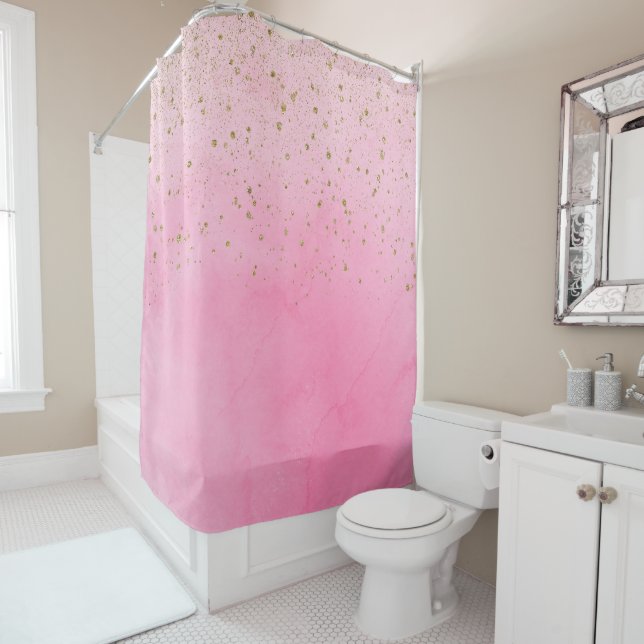 Rosy Rose Pink & Gold Glitter Glam Sparkly Chic Shower Curtain (In Situ)