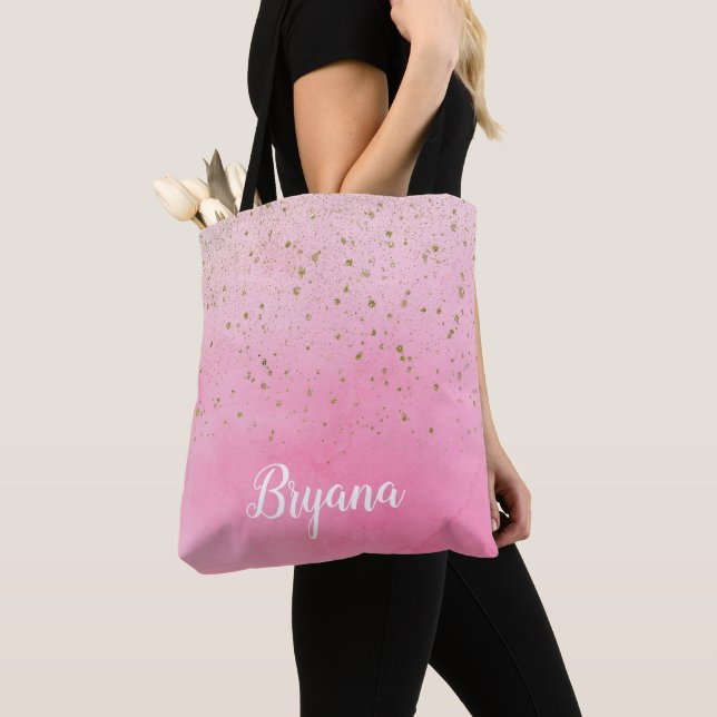 Rosy Rose Pink & Gold Glitter Glam Sparkly Chic Tote Bag (Close Up)