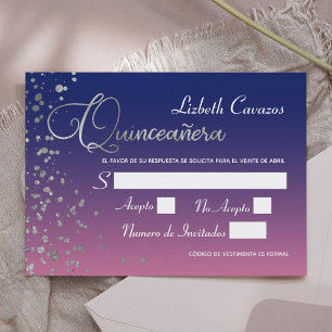 Rotal Blue Purple Silver Confetti Quinceanera RSVP Invitation