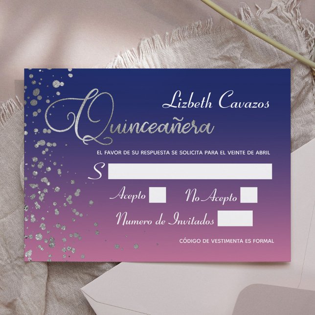 Rotal Blue Purple Silver Confetti Quinceanera RSVP Invitation (Creator Uploaded)