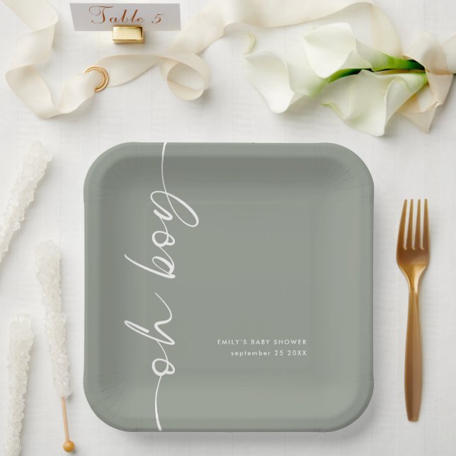 Rotated Calligraphy Name Sage Oh Boy Baby Shower Paper Plate (Wedding)
