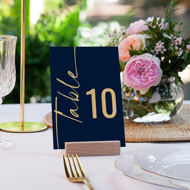 Rotated Calligraphy Navy Blue Gold Script Wedding Table Number (Creator Uploaded)