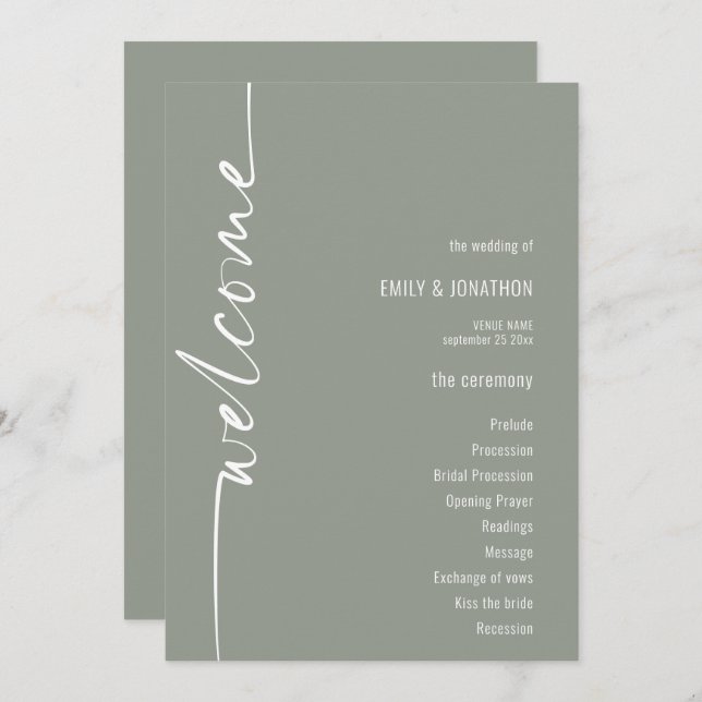 Rotated Calligraphy Sage Green Wedding Program (Front/Back)