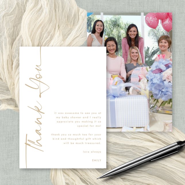 Rotated Gold Script Photo Baby Shower Thank You Card (Front and back view. Available digitally or printed. Add your photo on the back)