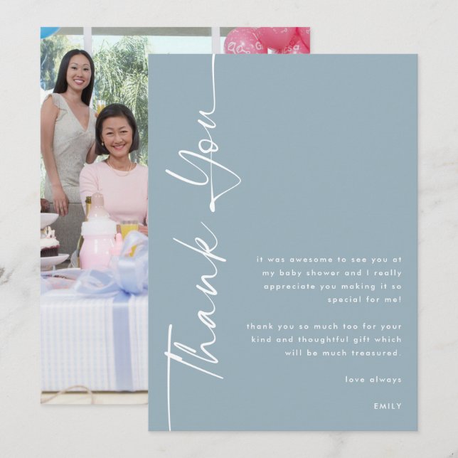Rotated Text Photo Dusty Blue Baby Shower Thanks Card (Front/Back)