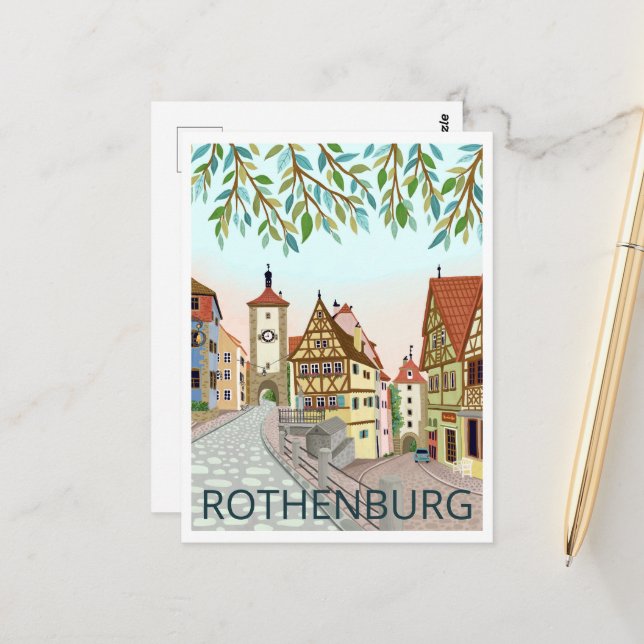 Rothenburg Town View Travel Illustration Postcard (Front/Back In Situ)