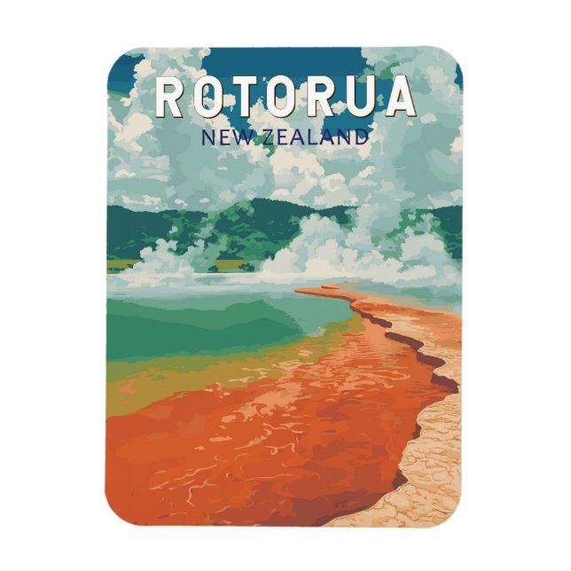 Rotorua New Zealand Illustration Travel Art Retro Magnet (Vertical)