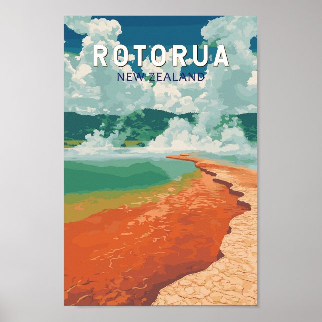Rotorua New Zealand Illustration Travel Art Retro Poster (Front)