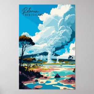 Rotorua New Zealand vintage travel illustration Poster