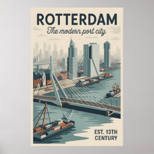 Rotterdam Netherlands Retro Skyline Travel Poster
