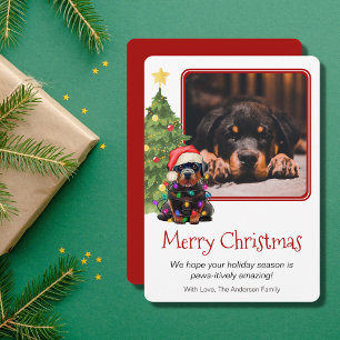 Rottweiler and Christmas Tree Pet Dog One Photo Holiday Card