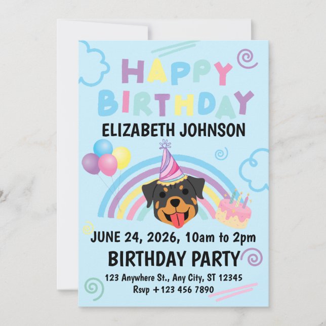 Rottweiler Birthday Invitation in Blue (Front)