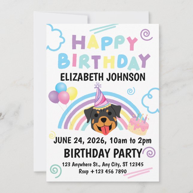 Rottweiler Birthday Invitation in White (Front)